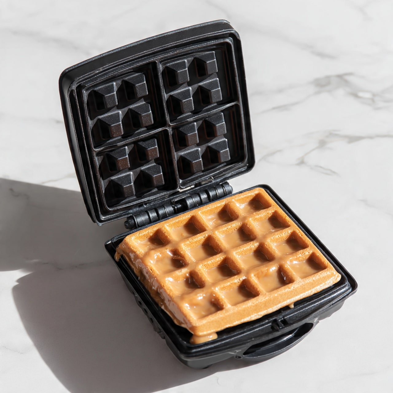 The image shows a close-up of a black waffle maker with its lid open, sitting on a white marbled surface. Inside the waffle maker, a layer of light brown waffle batter with a smooth texture spreads evenly over the lower grid, slightly overflowing the edges. A woman's hand is holding a silver spoon, smoothing the batter flat across the waffle maker's square and grid pattern. The lighting highlights the glossy sheen on the batter and the smooth metal of the spoon. Photo taken with an iphone --ar 4:5 --v 7