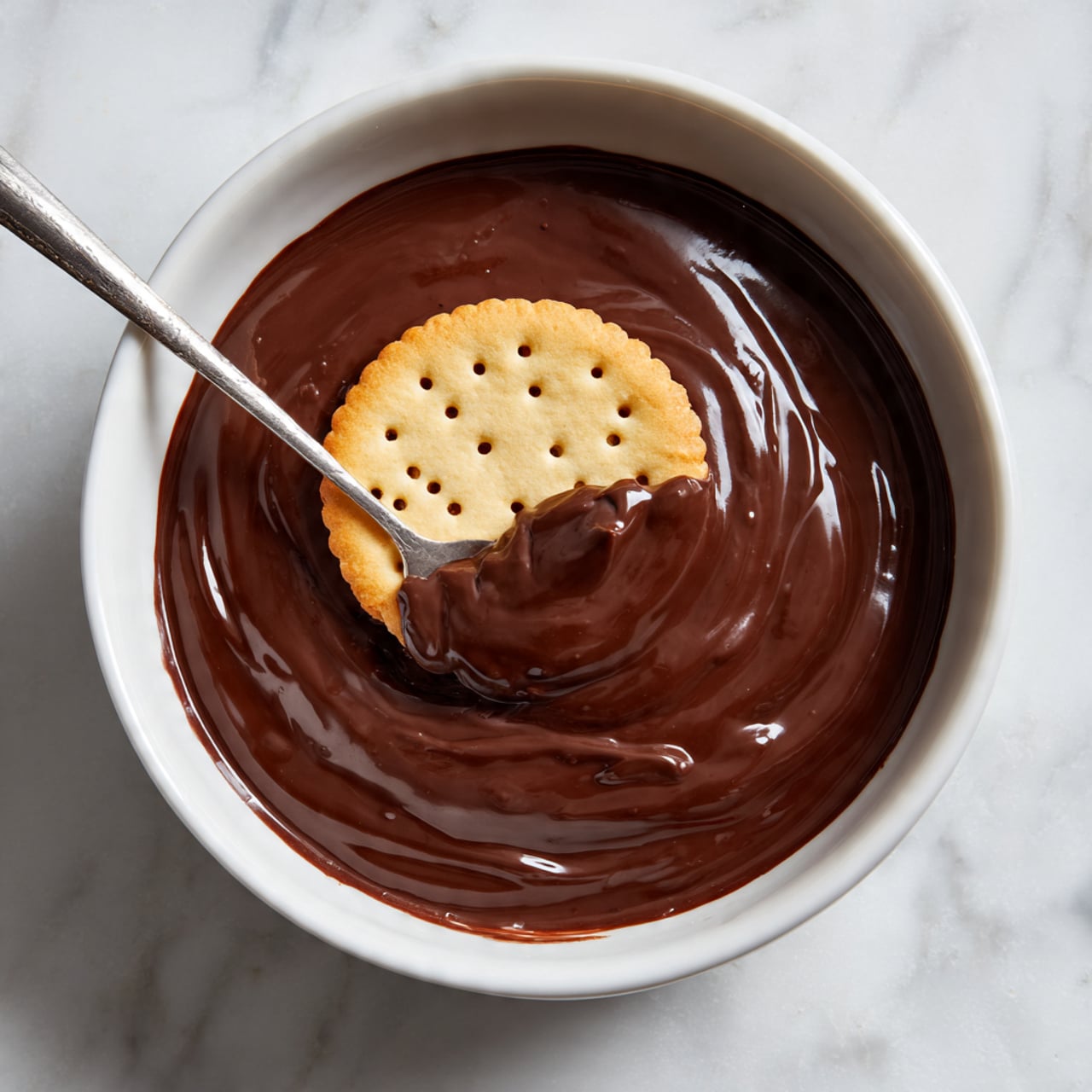A white bowl filled with one smooth, thick layer of shiny, dark brown chocolate sauce. In the center of the bowl, a round, light golden cracker floats on the chocolate, partially held by a silver spoon dipping into the sauce. The background is a white marbled surface. photo taken with an iphone --ar 4:5 --v 7