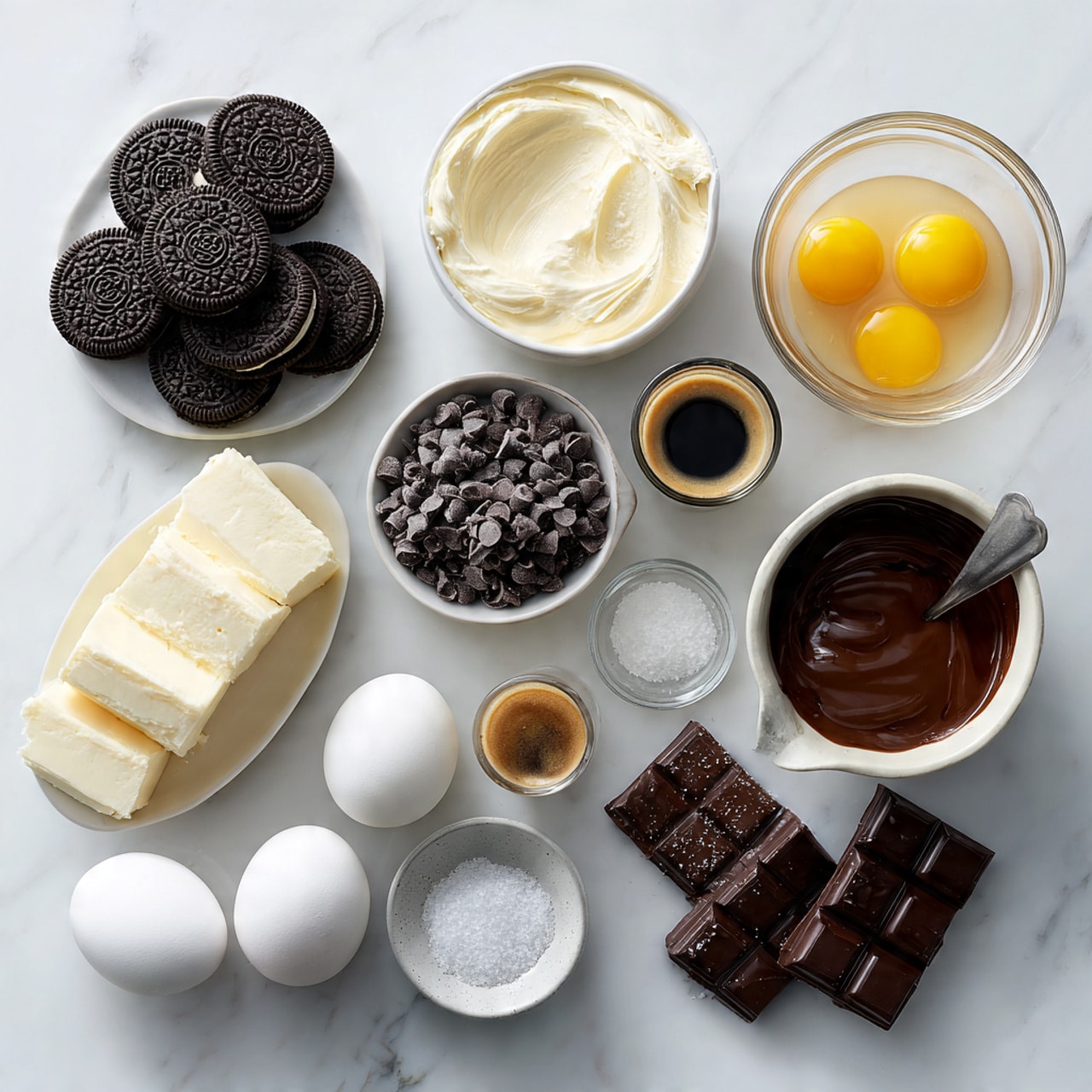 A slice of chocolate cheesecake with three clear layers sits on a white plate over a white marbled surface: the bottom layer is a thick, dark crumbly chocolate crust, the middle layer is a thick, creamy light brown chocolate filling with a smooth texture, and the top layer is a thin, smooth chocolate ganache drizzled with thin dark chocolate lines. Next to the slice, a fork holds a small bite of the cheesecake, and several dark chocolate chips are scattered on the plate around the slice. In the background, another white plate with a similar cheesecake slice and a cup can be seen blurred. Photo taken with an iphone --ar 4:5 --v 7