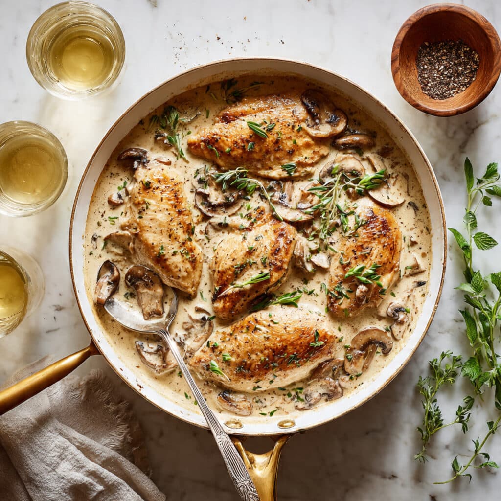 30-Minute Skillet Chicken with Thyme Parmesan Mushroom Gravy Recipe