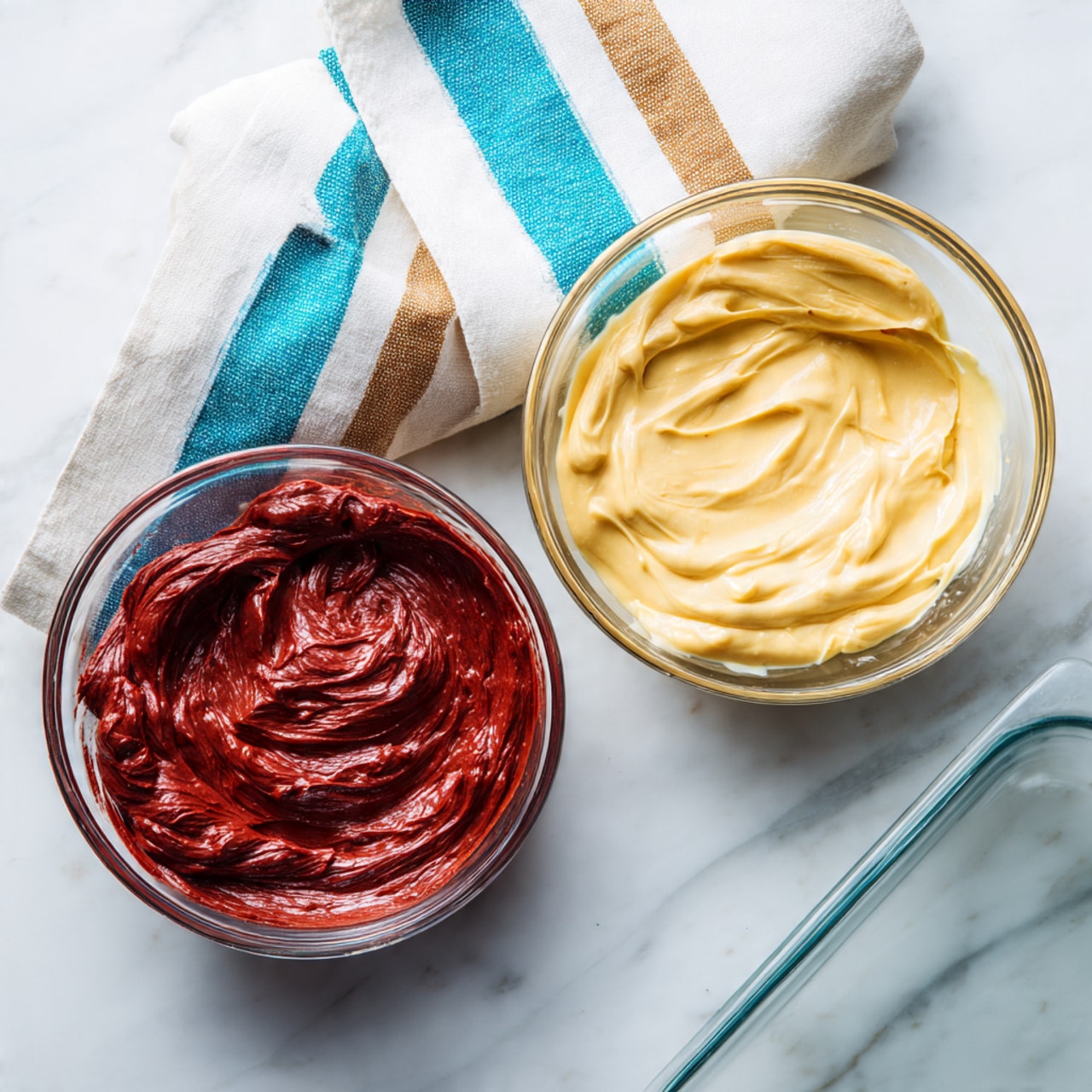 The image shows two clear glass bowls placed on a white marbled surface. The bowl on the left holds a thick, rich, deep red mixture with a glossy texture and some small bits inside, while the bowl on the right contains a smooth, creamy, pale yellow batter. A white, blue, teal, and brown striped cloth is loosely folded above the bowls on the same surface, and the corner of a rectangular glass baking dish is visible on the right side. The scene is bright and clean, with the bowls arranged side by side in the lower half of the frame. photo taken with an iphone --ar 4:5 --v 7