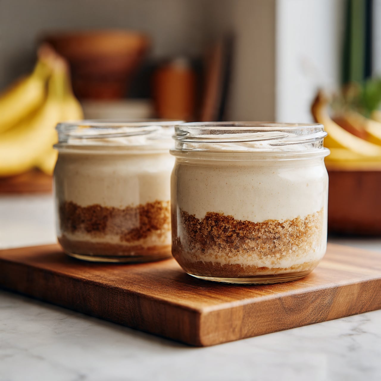The image shows two small clear glass jars filled with a two-layer dessert placed on a wooden board. The bottom layer is a crumbly light brown base with a grainy texture that fills about one-fifth of the jar. The top layer is creamy and smooth, light beige in color, slightly domed above the rim of the jar. A few mixed nuts and chocolate chips are scattered beside the jars on the wooden surface. The background is softly blurred with a bowl of bananas in the distance on a white marbled surface. photo taken with an iphone --ar 4:5 --v 7