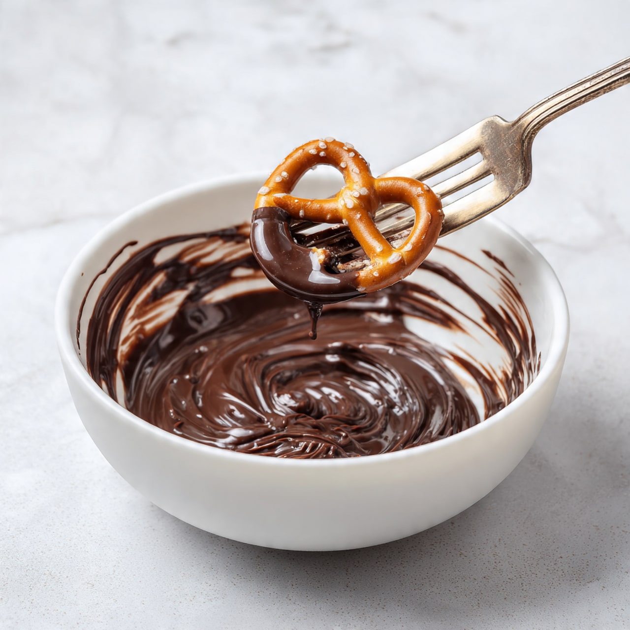 A close-up shot shows a white bowl filled with smooth, shiny melted chocolate with streaks along the sides. A silver fork holds a pretzel fully covered in glossy dark brown chocolate, with the pretzel's shape and open spaces clearly visible. The background is a white marbled texture. photo taken with an iphone --ar 4:5 --v 7