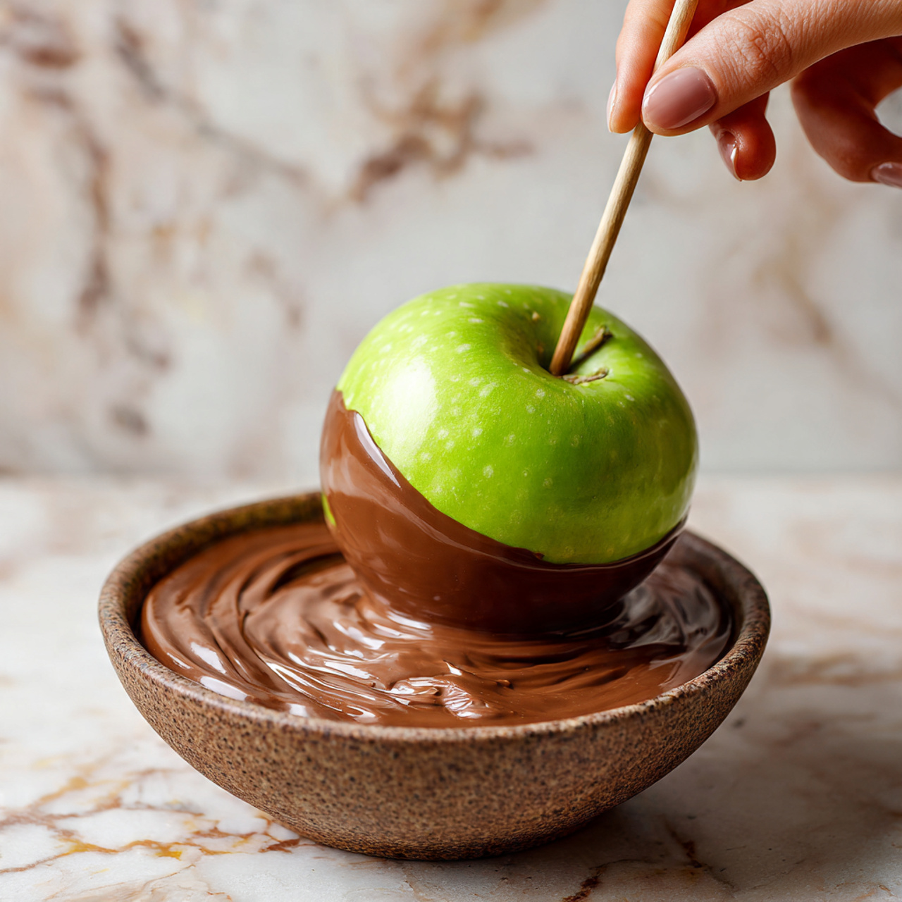 Chocolate Covered Apples Recipe 5 A bright green apple with a smooth shiny surface sits centered on a light brown wooden board with visible grain and texture. A thin, light wooden stick is pushed straight down into the top center of the apple, standing vertically tall. The background and surface beneath the board are a clean white marbled texture, creating a simple and fresh look. photo taken with an iphone --ar 4:5 --v 7