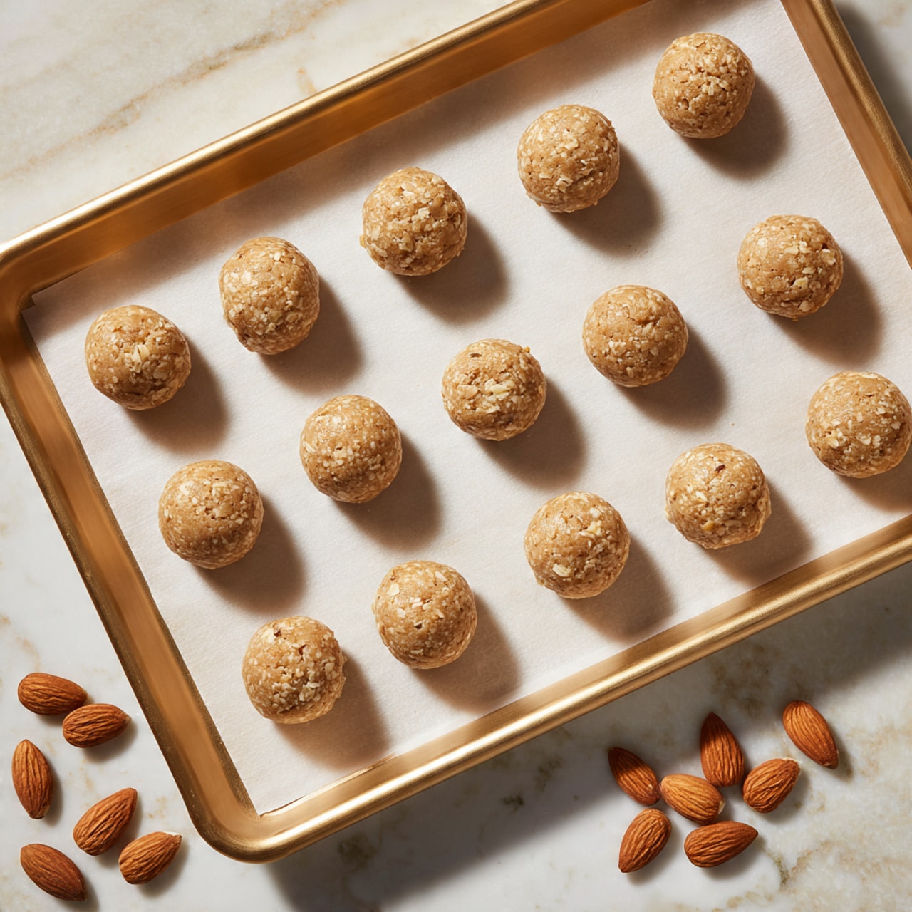 The image shows fourteen small, round cookie dough balls placed evenly on white parchment paper lining a gold-colored baking tray. The dough is light tan with visible small oat and nut pieces, giving it a slightly rough texture. To the right of the tray, a metal cookie scoop holds some extra dough, resting on a white marbled surface. Scattered around the tray and scoop are a few almond slices, adding to the baking scene. photo taken with an iphone --ar 4:5 --v 7