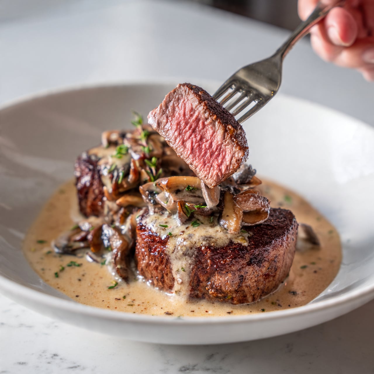 Two thick, round steaks are placed on a white plate with a light brown sauce covering their base. Each steak is topped with a generous layer of sliced, cooked mushrooms in a glossy brown gravy, sprinkled with small bits of green herbs. The steaks have a seared, slightly crispy outer texture with a juicy interior visible near the edges. The background shows a white marbled surface with a silver fork partially visible next to the plate. photo taken with an iphone --ar 4:5 --v 7