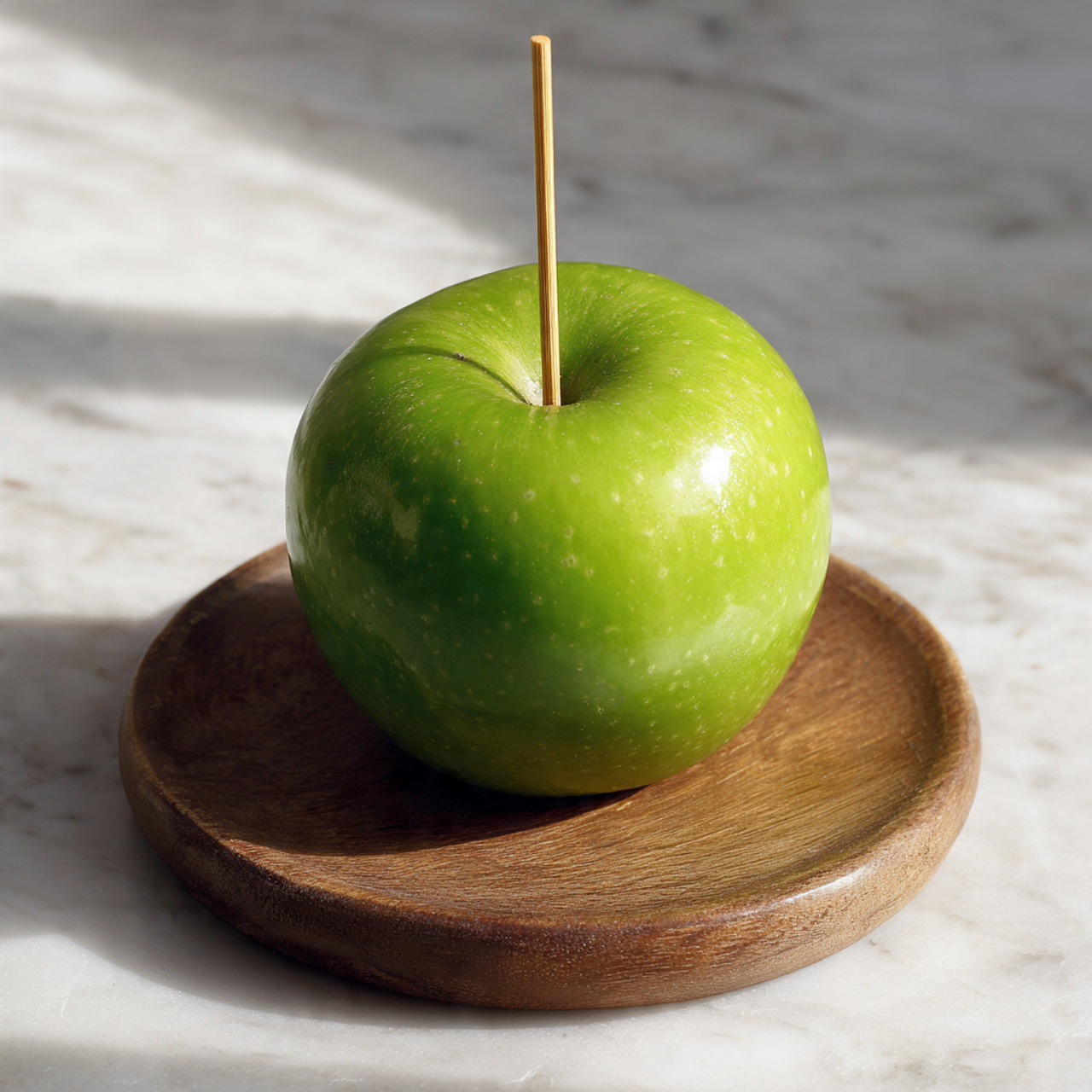 Chocolate Covered Apples Recipe 4 Four candy apples stand on a white marbled surface. Each apple is on a wooden stick from the top center. Two apples are covered in dark chocolate and decorated with red and green candy-coated chocolates, arranged like small circles covering the lower two-thirds of the apples. The other two apples are coated in white chocolate and fully covered with crushed red and white peppermint candy pieces, creating a rough texture on their surface. The apples sit on a white marble board, surrounded by scattered red, green, and white sprinkles and candies. A green cloth with white print is partly visible on the right side of the image. Photo taken with an iphone --ar 4:5 --v 7