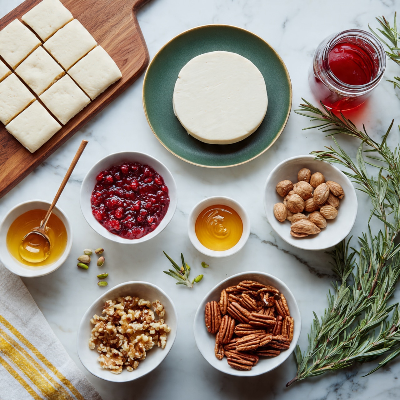 The image shows ingredients laid out on a white marbled surface for a dessert or snack. There is a wooden board on the upper left with a sheet of dough divided into squares. In the center, a round white sheet sits on a dark green plate. Surrounding these are small bowls: a white bowl with a brown spread and a spoon, a white bowl with red berry jam and scattered red berries, a white bowl with golden honey, a white bowl with walnuts, a white bowl with pecans, and a white bowl with pistachios. There is also a sprig of fresh rosemary on the right side. A jar of red jam is partially visible, and a towel with yellow stripes is on the bottom left. The scene captures a neat, colorful layout of natural textures and ingredients, photo taken with an iphone --ar 4:5 --v 7