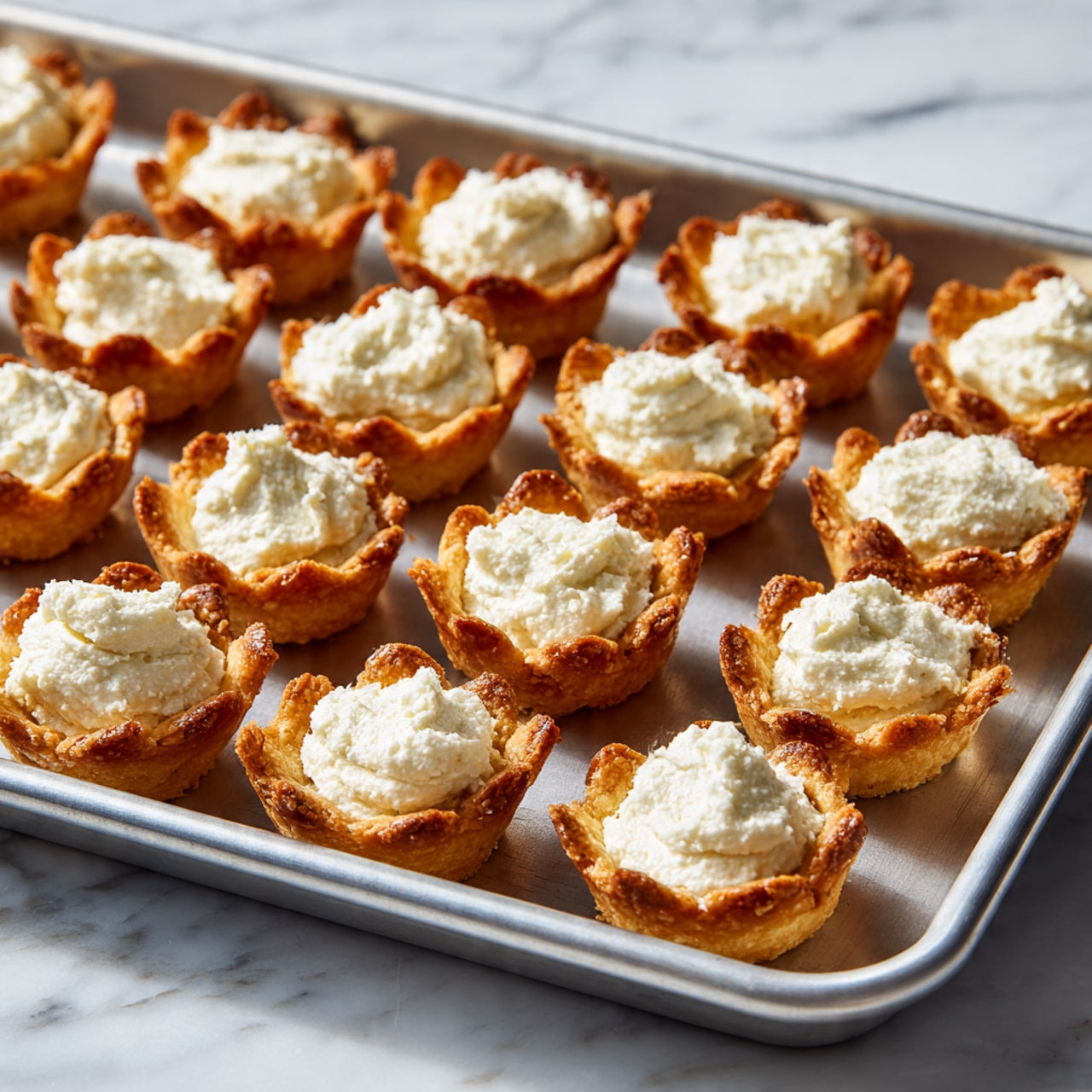 A metal baking tray holds 35 small tart shells arranged in five rows of seven, each filled with a creamy white mixture. The tart shells have a golden-brown, flaky texture with ruffled edges that rise slightly above the filling. The creamy filling is smooth with a few small specks visible, and it fills each shell just below the edge. The baking tray is placed on a white marbled surface. photo taken with an iphone --ar 4:5 --v 7