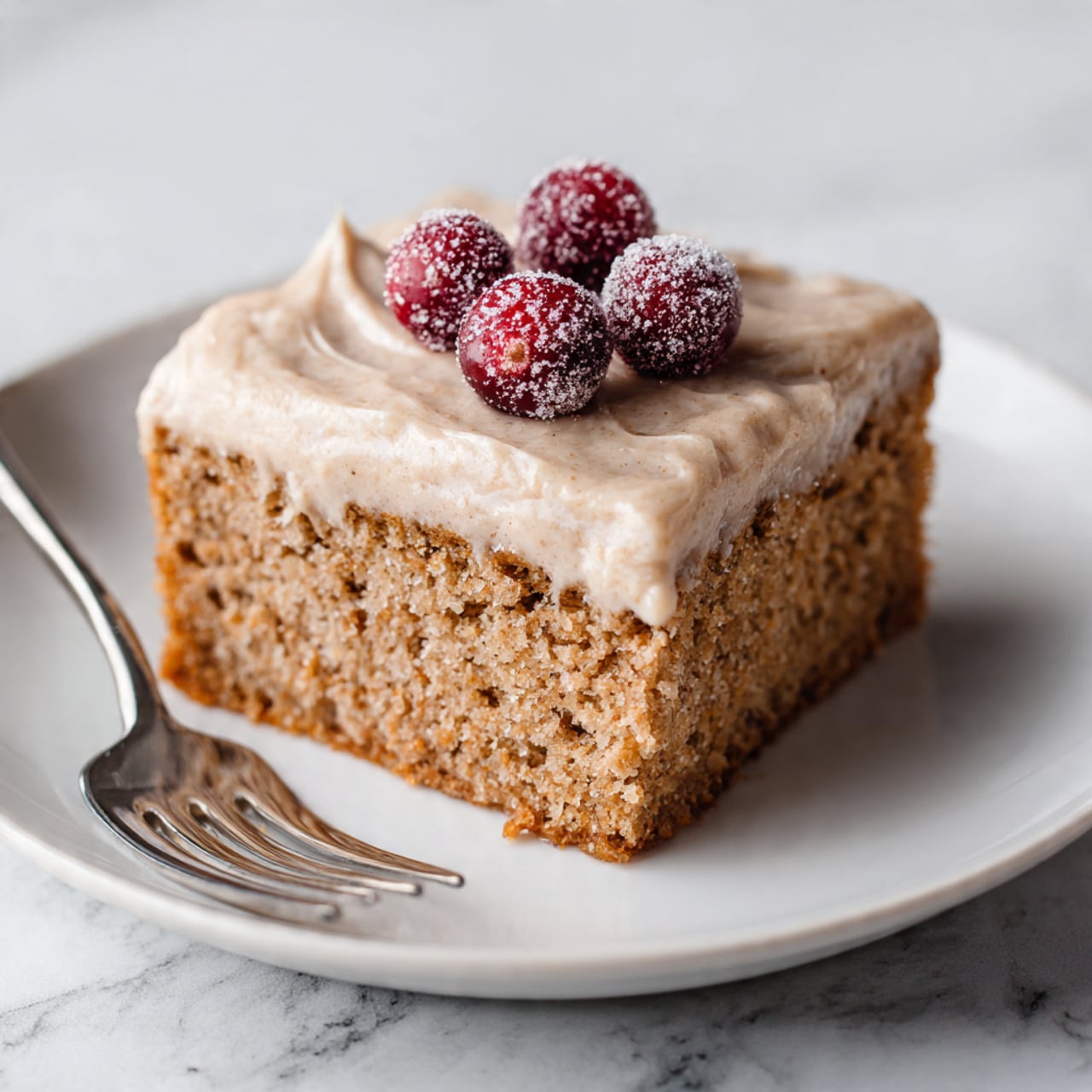 The image shows a square brownie with two visible layers on a white marbled surface. The bottom layer is a dark brown, dense brownie with a slightly rough texture. On top is a thick, creamy, light brown frosting spread unevenly with soft swirls and a dusting of cinnamon powder. Scattered across the frosting are small, round red berries covered lightly in frost, adding a pop of color. In the background, there are rustic wooden spoons, a small wooden bowl with gingerbread cookies, and a gingerbread tree decoration. Photo taken with an iphone --ar 4:5 --v 7