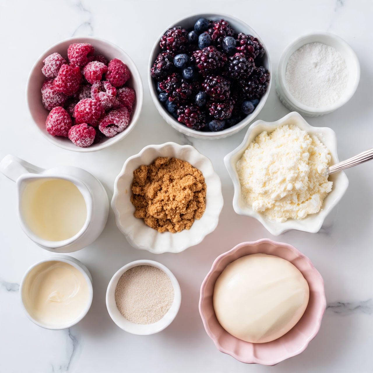 The image shows various ingredients placed on a white marbled surface, each in a white or pink bowl. At the top left, frozen red raspberries and dark purple blueberries fill a white bowl. To the right, a white bowl holds a crumbly white mixture. Below it and slightly to the center, a white scalloped bowl contains a brown crumbly substance. Above that, a small white bowl has a light brown powder. Near the bottom left, a white jug holds a light cream liquid. Next to it, a small white bowl contains a white powder, and above that, there is a small container with a spoon filled with coarse white granules. Near the bottom right, a pink bowl holds a large oval of smooth white cream. Finally, at the bottom center, there is an empty white bowl. The composition is neatly arranged with soft, natural lighting. photo taken with an iphone --ar 4:5 --v 7