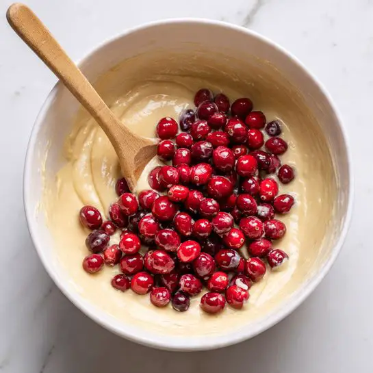 A metal mixing bowl holds a thick, creamy, light yellow dough that fills most of the bowl's inside. On top of the dough, there is a pile of bright red and dark red fresh cranberries. A wooden spoon rests inside the bowl, partially covered in dough, with its handle sticking out over the bowl's edge. The bowl sits on a white marbled surface. photo taken with an iphone --ar 4:5 --v 7