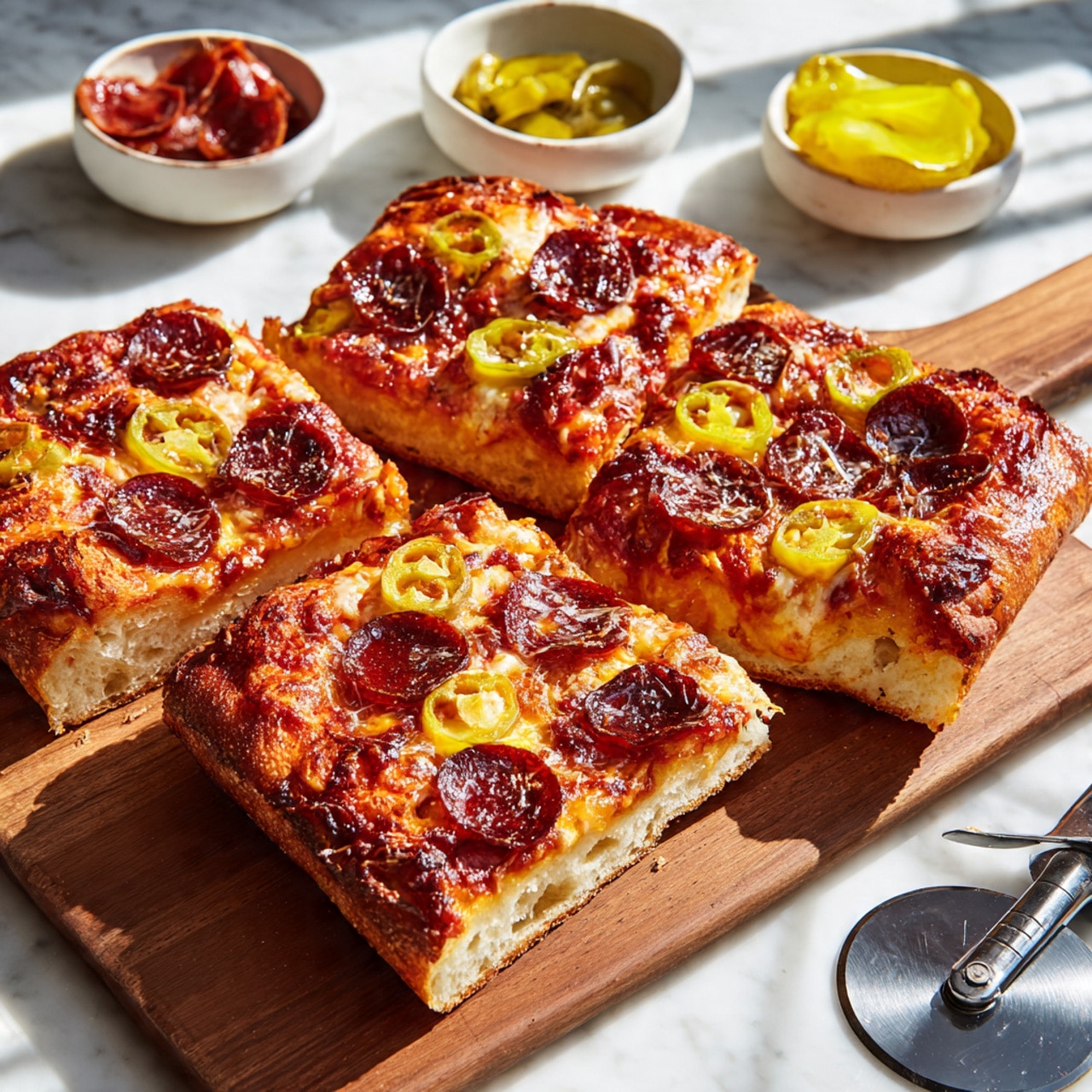 Four square slices of thick crust pizza are arranged on a wooden cutting board. The bottom layer is a golden-brown thick dough crust that looks soft and fluffy. The middle layer is a shiny red tomato sauce mixed with melted cheese that browned a little on top. On the top layer, there are round, dark red pepperoni slices and yellow-green slices of peppers scattered evenly. In the background, there are two small white bowls, one with sliced pepperoni and one with yellow pickled peppers. There is also a shiny silver pizza cutter partially visible on the right side. The whole scene is on a white marbled surface with bright natural light coming from the left side. Photo taken with an iphone --ar 4:5 --v 7