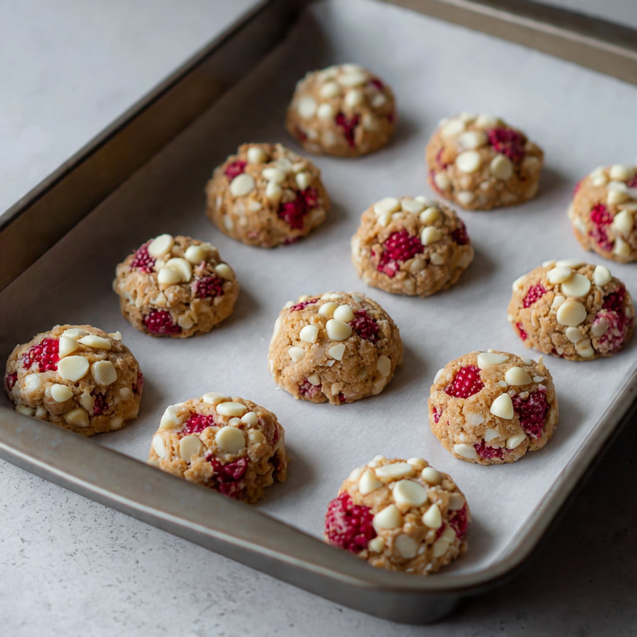 The image shows nine separate white bowls and two white eggs arranged on a white marbled surface. Starting from the top, there is a bowl filled with light beige flour. To the right of it is a bowl with light brown sugar, coarse in texture. Below the flour, there is a bowl with white powdered sugar. Two white eggs are placed horizontally next to these bowls. Below the eggs, a bowl contains three blocks of pale yellow butter. To the left of the butter, a small bowl is filled with dark vanilla extract, and below it is a bowl full of creamy white chocolate chips. On the bottom right, a bowl holds bright red raspberries, crushed into small pieces. Two small metal containers on the right of the eggs hold white salt and baking soda powder. The whole setup looks clean and neatly arranged for baking. Photo taken with an iphone --ar 4:5 --v 7