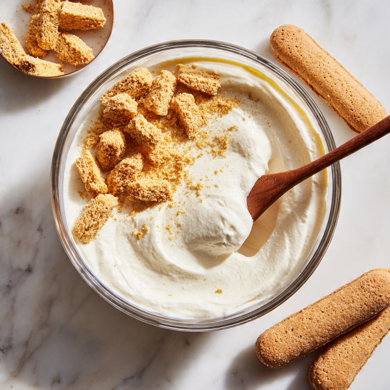 A clear glass bowl filled halfway with a smooth, creamy white mixture. On top, slightly to the left, there is a pile of golden brown small biscuit pieces with a rough texture. Inside the bowl on the right side is a wooden spoon partially dipped into the cream, showing a soft white coating. Near the bowl on the white marbled surface lie two whole light beige biscuits, one horizontal and one partially visible. A white circle with the number 5 in black floats above the biscuits in the bowl. photo taken with an iphone --ar 4:5 --v 7