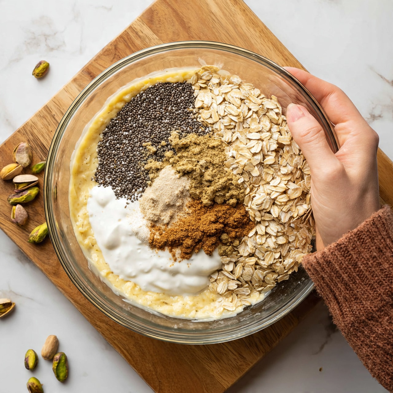 A clear glass bowl sits on a wooden surface with a white marbled background, filled with several layers of ingredients for a recipe. The base layer is a thick, pale yellow batter that fills most of the bowl. On top of this, there is a curved mound of light tan rolled oats on the right side, a large patch of small, black chia seeds next to it in the center, and a creamy dollop of white yogurt slightly overlapping the center and oats. There are also small piles of cinnamon powder and a light brown spice mixture on the yogurt and batter near the center. A woman's hand wearing a brown sweater is reaching into the bowl. Some pistachio nuts are scattered on the wooden surface near the bowl. Photo taken with an iphone --ar 4:5 --v 7