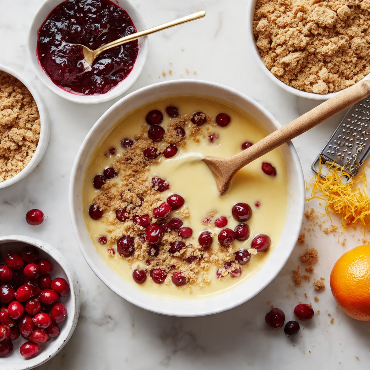 A white bowl in the center contains thick, creamy yellow batter mixed with whole red cranberries scattered throughout. A wooden spoon is partially buried in the batter inside the bowl. Surrounding the main bowl, there is a white bowl at the top right filled with crumbly light brown streusel topping, a white bowl at the top left filled with dark red berry jam with a gold spoon resting inside, and a smaller white bowl at the bottom left filled with shiny whole red cranberries. A peeled whole orange sits on the bottom right next to a grater with orange zest on and around it. The surface is white marble with a few crumbs and scattered cranberries. Photo taken with an iphone --ar 4:5 --v 7