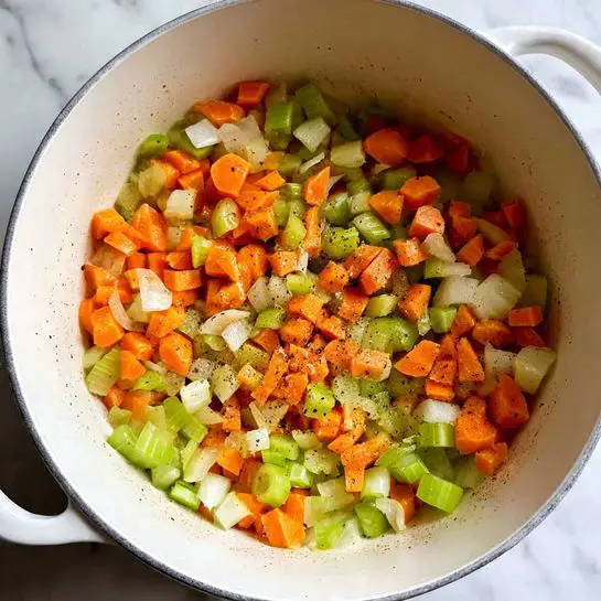 Inside a white cooking pot, small diced pieces of orange carrots, light green celery, and white onion are spread evenly in one layer at the bottom. The vegetables have a slightly cooked look with soft textures, and some black pepper specks can be seen scattered over them. The pot sits on a white marbled surface. photo taken with an iphone --ar 4:5 --v 7