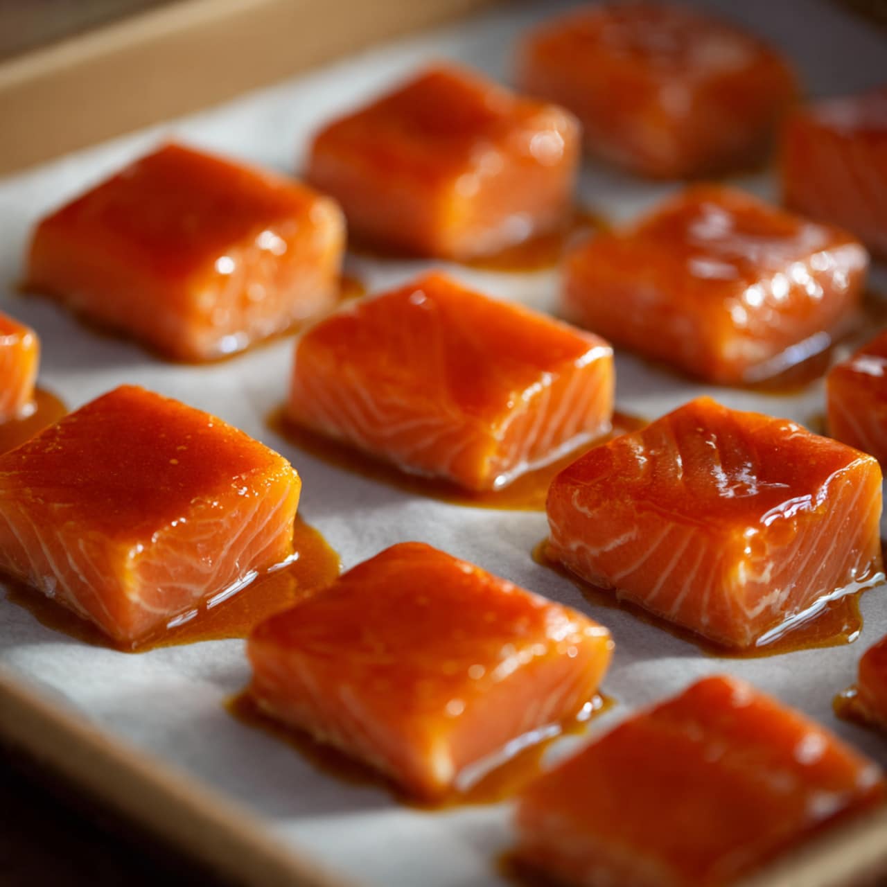 A white baking tray lined with light brown parchment paper holds 30 small, square pieces of raw salmon coated evenly with a shiny orange sauce. The salmon pieces are arranged loosely with some sauce pooling slightly between them, giving a glossy and smooth texture to the fish. The colors focus on the bright orange salmon and the reflective sauce contrasted against the pale parchment paper, all set on a white marbled surface. photo taken with an iphone --ar 4:5 --v 7