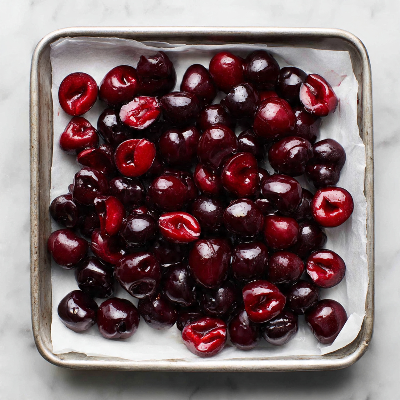 Grilled Crostini with Roasted Cherries, Ricotta & Basil Recipe 4 The image shows six pieces of toasted bread arranged closely on a white plate, each piece layered with a thick spread of white creamy cheese as the first layer. On top of the cheese, there are glossy, dark red cherries that look juicy and fresh, placed in small clusters on each toast. Some of the cherries are whole, while others are sliced in half, revealing their deep red insides. Small green basil leaves are scattered over the cherries, adding a touch of bright green color and freshness to the dish. The background is a white marbled surface, giving a clean and elegant look. photo taken with an iphone --ar 4:5 --v 7