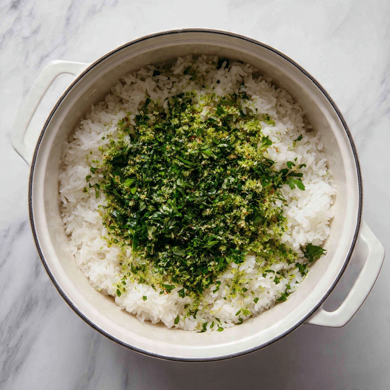 A white pot filled with one layer of cooked white rice as the base, topped with a pile of chopped green herbs mainly concentrated in the center, creating a contrast of white and green textures. The pot is placed on a white marbled surface, and the image is bright and clean. photo taken with an iphone --ar 4:5 --v 7