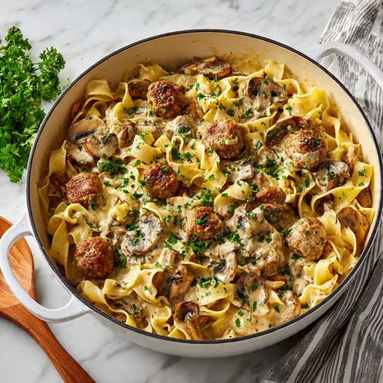 Creamy Meatball Stroganoff with Egg Noodles Recipe