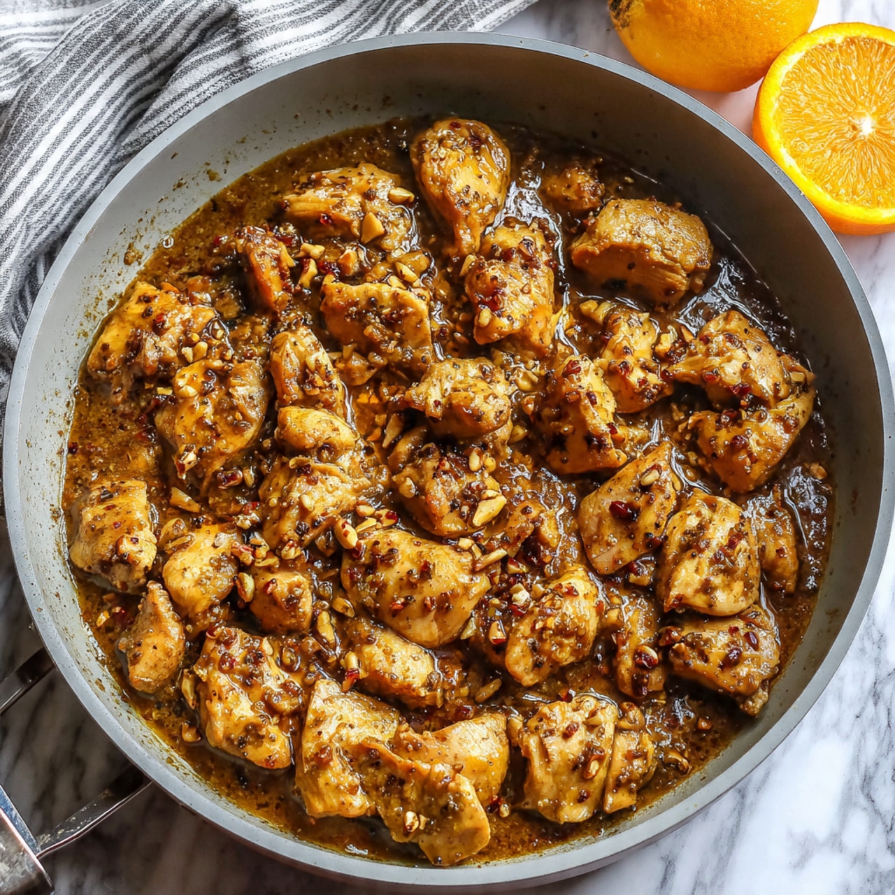 The image shows a flat lay of raw chicken with many ingredients arranged around it on a white marbled surface. In the center, there are two raw chicken pieces in a clear plastic container with a pinkish skin tone and smooth texture. Above the chicken, there are two halves of a bright orange placed side by side, showing their juicy, segmented interior. Surrounding the chicken are small bowls with different ingredients: a white bowl with orange zest to the right; a brown bowl with green chopped scallions; a clear bowl of red chili sauce with seeds; a small glass of dark soy sauce; a white plate with minced garlic and ginger next to a small glass with light yellow liquid; a wooden bowl with red chili flakes; a white bowl with black pepper; a beige bowl with light brown sugar; a white bowl with white powder; and a small brown bowl with salt and a small spoon. A striped cloth is partially visible in the bottom left corner. photo taken with an iphone --ar 4:5 --v 7