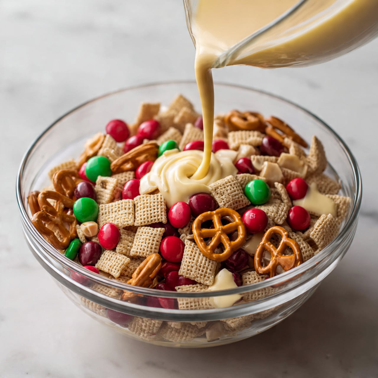 A clear glass bowl filled with a mix of snacks including golden brown pretzels, square-shaped light tan cereal pieces, pale beige round cereal hoops, creamy white peanuts, and bright red and green candy-coated chocolates scattered throughout. From the top left, white liquid is poured into the bowl, adding a smooth contrast to the vibrant mix. The bowl sits on a white marbled surface. photo taken with an iphone --ar 4:5 --v 7