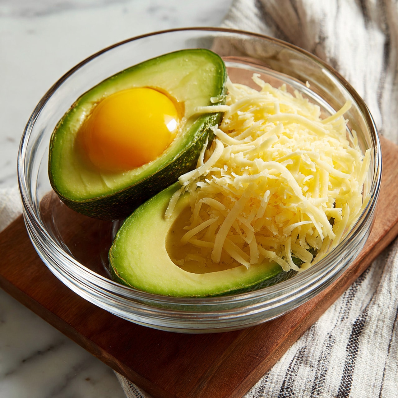 In a clear glass bowl, two halves of a bright green avocado sit side by side at the bottom, their creamy texture visible. A raw egg with a shiny, bright yellow yolk rests above the left avocado half, partially surrounded by the egg white. A pile of shredded pale yellow cheese covers the top right of the avocado halves, adding a soft, stringy texture. The bowl is placed on a white marbled surface with a wooden board behind and a white and black striped cloth in front. Photo taken with an iphone --ar 4:5 --v 7