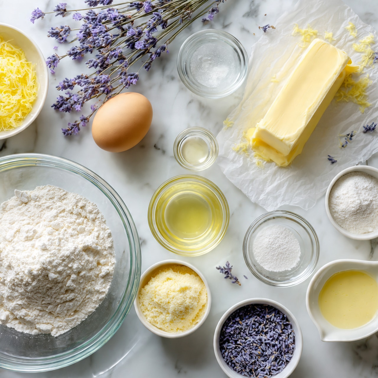 The image shows nine square pieces of light golden cake arranged close together on a white marbled surface. Each piece has a thick, smooth layer of white icing on top, with small purple lavender buds scattered evenly across the frosting. Two of the cake squares have a small sprig of whole lavender flower on top as decoration. The icing has a glossy and slightly dripping texture along the edges of the cakes, making them look moist and fresh. photo taken with an iphone --ar 4:5 --v 7