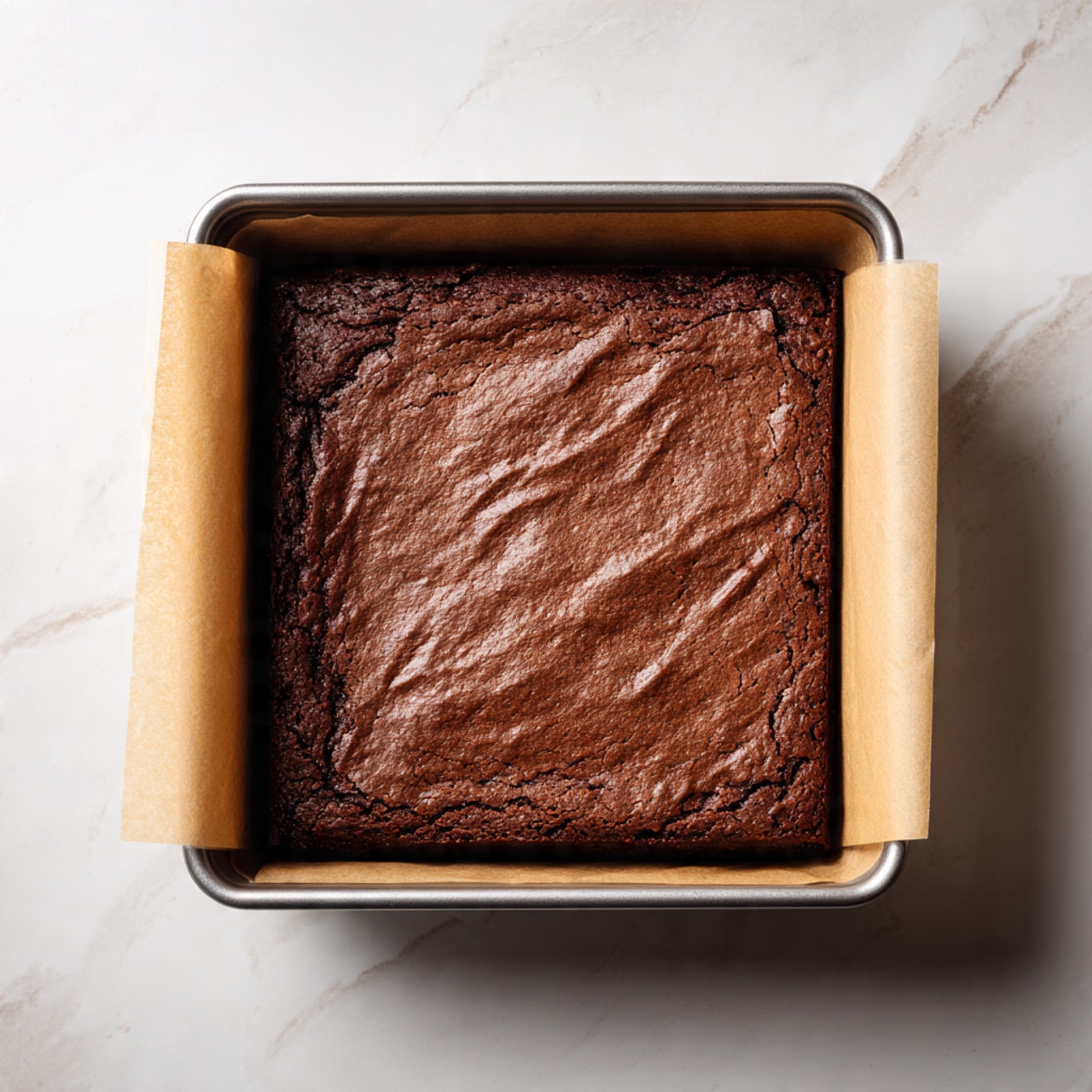 A single layer of rich, dark brown brownie with a slightly shiny, textured top sits in a rectangular metal baking pan lined with crumpled light brown parchment paper. The edges of the parchment paper fold over the pan, creating uneven soft folds and raised corners around the smooth, dense surface of the brownie. The pan is set on a white marbled surface, highlighting the contrast between the deep chocolate color and the light background. photo taken with an iphone --ar 4:5 --v 7