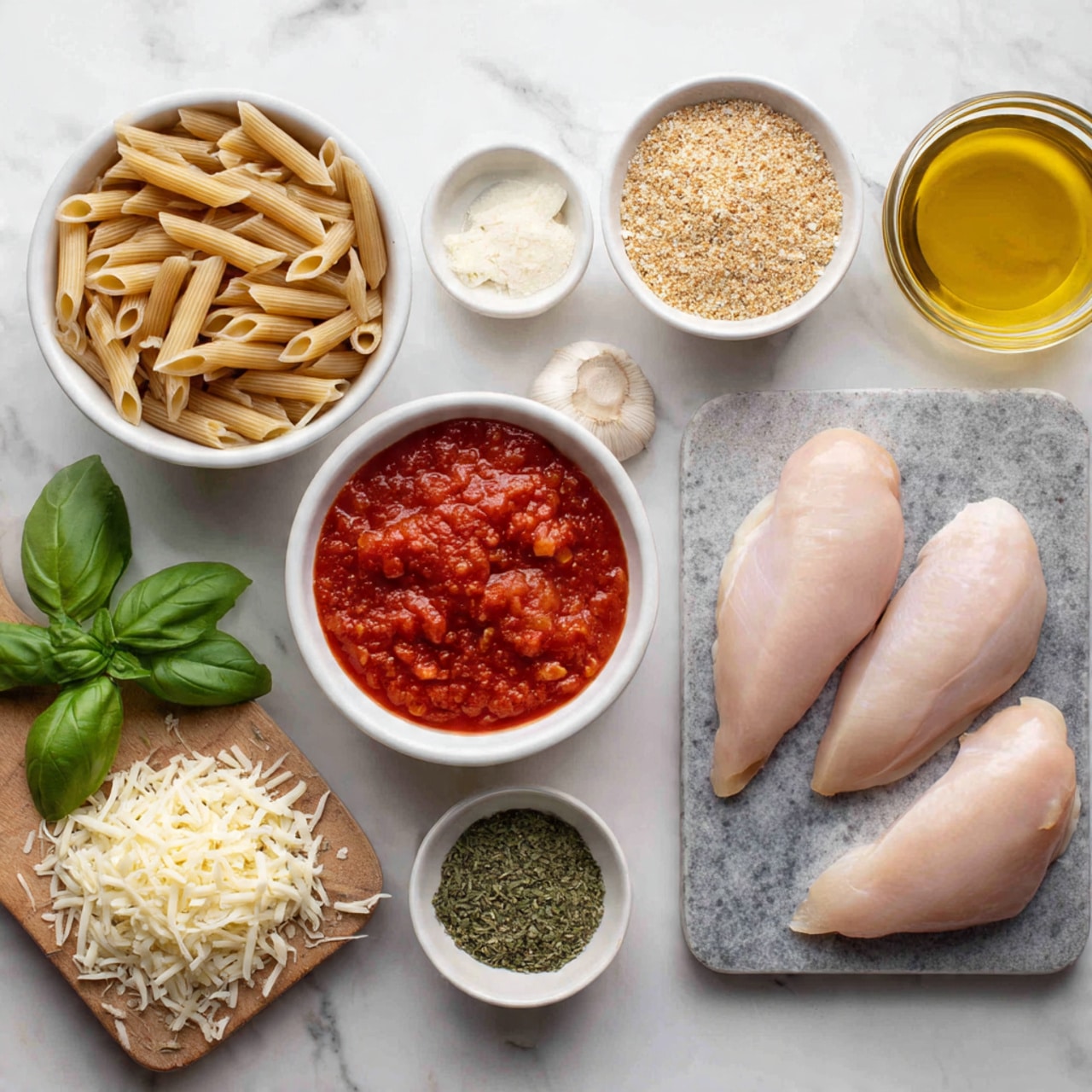 The image shows ingredients for a pasta dish neatly arranged on a white marbled surface. From left to right: a small bunch of green basil leaves and a small clear white bowl with yellow olive oil at the bottom left, two piles of shredded white cheese on a white wooden board (one is more stringy, the other finer), a white bowl filled with uncooked brown penne pasta near the center, a white bowl holding thick, chunky red tomato sauce above the pasta, and a clear jar of light brown broth on the top right. To the right of the jar are three small white bowls holding finely chopped garlic, salt, and dried herbs from top to bottom. On the bottom right, there are two raw, pale pink chicken parts placed side by side on a grey board. photo taken with an iphone --ar 4:5 --v 7