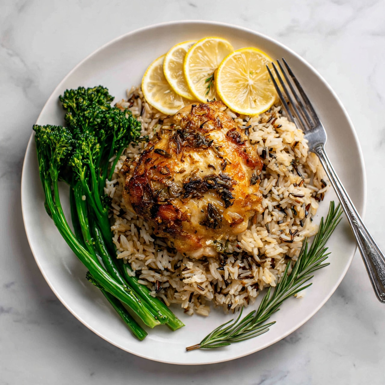 The image shows a close-up view of several pieces of cooked chicken thighs with golden brown, crispy skin, topped with a coarse mix of herbs and spices. The chicken thighs rest in a white rectangular baking dish with lemon slices placed around and partially under the chicken. Sprigs of fresh green rosemary are arranged between the chicken pieces, adding a contrasting texture and color. A light sauce or juice pools at the bottom of the dish, making the chicken look moist. The background is a white marbled texture. Photo taken with an iphone --ar 4:5 --v 7