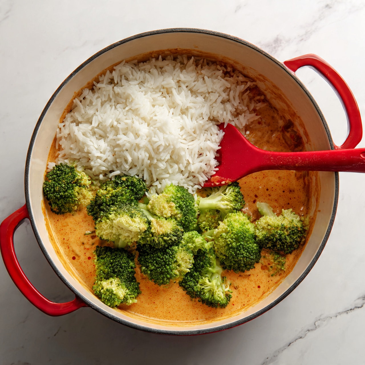 A red pot with white inside is placed on a white marbled surface. Inside the pot, there are three main layers: a creamy orange sauce layer forms the base, next to it is a layer of white cooked rice that looks soft and fluffy, and on top of the sauce and rice, there are bright green broccoli florets with a firm texture. A red spatula with some sauce on it is partially resting on the rice and broccoli. Photo taken with an iphone --ar 4:5 --v 7