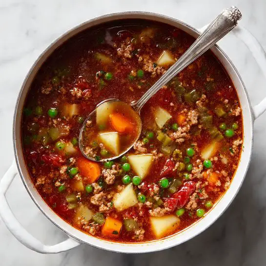 A white pot filled with a thick, colorful vegetable and meat soup is shown from above. The soup has a rich brownish-red broth with visible pieces of ground meat, small bright green peas, orange carrot cubes, pale yellow potato chunks, translucent celery, and red tomato pieces all mixed together. A silver spoon rests inside the pot, partially submerged in the soup. The pot sits on a white marbled surface. photo taken with an iphone --ar 4:5 --v 7