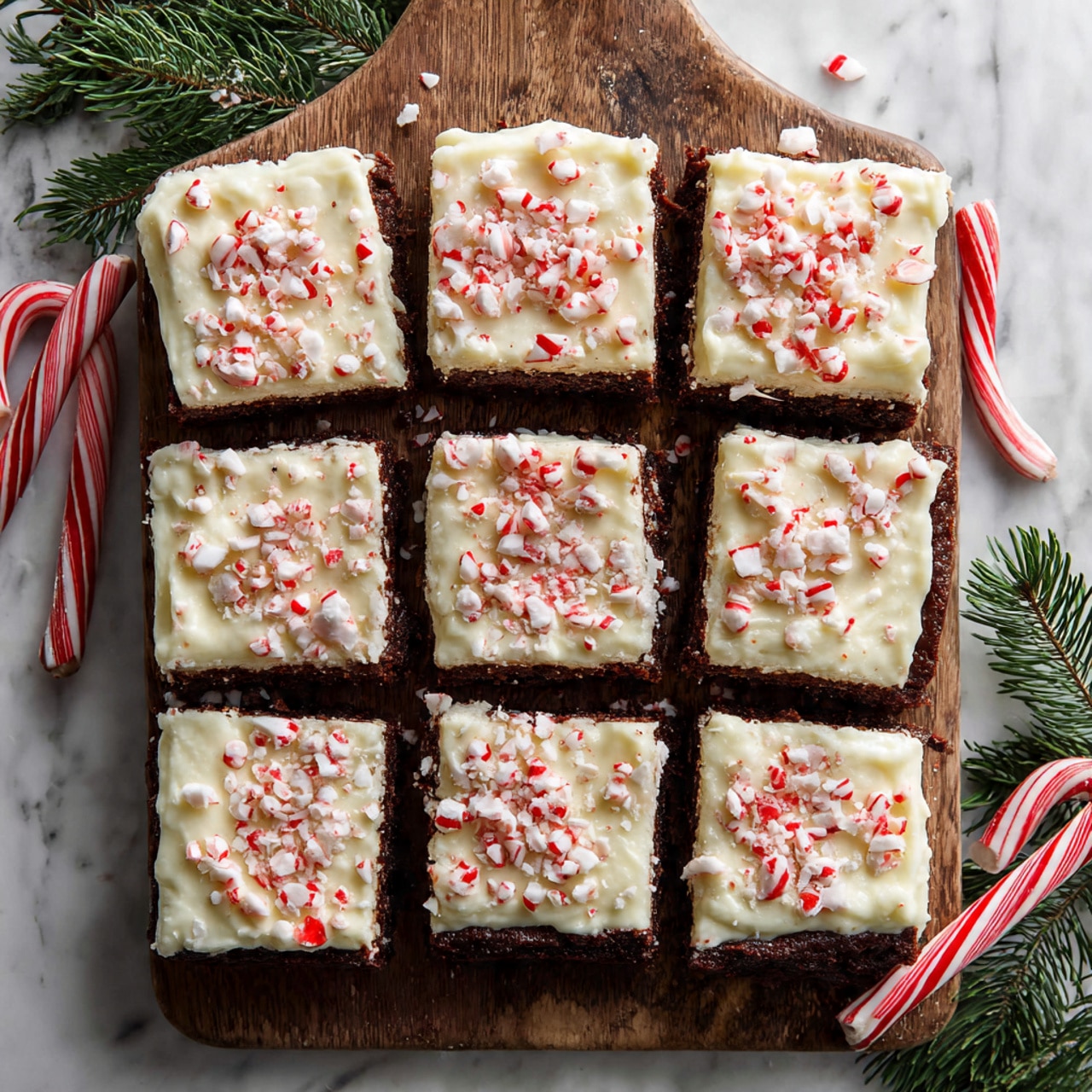 The image shows a close-up of a square brownie with two clear layers. The bottom layer is dark brown, dense, and rich, with chunks of chocolate visible inside. The top layer is thick, creamy, and white, sprinkled evenly with small red and white peppermint candy pieces. The brownie is placed on a white marbled surface with several other similar brownies blurred in the background. Photo taken with an iphone --ar 4:5 --v 7