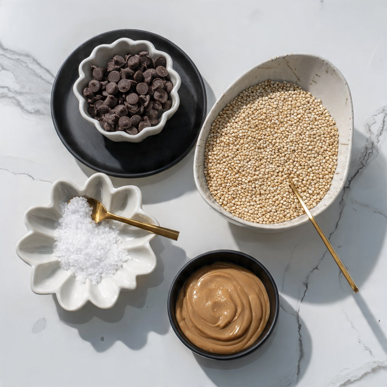 The image shows four dishes arranged on a white marbled surface: at the top, a small scalloped bowl filled with dark brown chocolate chips sitting on a black plate; below it, a larger white bowl full of round, beige puffed cereal grains; to the lower right, a small black bowl holding a smooth light brown paste; and to the lower left, a small white flower-shaped dish containing coarse white salt with a small gold spoon resting in it. Photo taken with an iphone --ar 4:5 --v 7