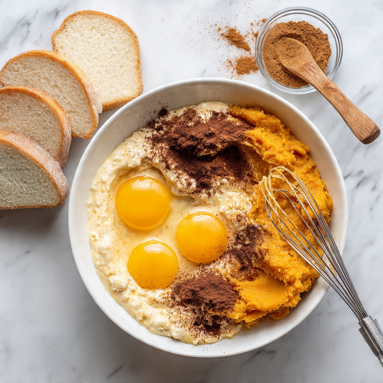 A white bowl sits on a white marbled surface filled with a mix of ingredients before blending. Inside the bowl, two raw eggs with bright yellow yolks rest near the center, surrounded by pale yellow liquid and a rich orange pumpkin puree. On one side of the bowl, a heap of dark brown cinnamon powder spreads out, creating a textured layer. A silver metal whisk lies across the bowl with its handle extending to the right, partially mixing the ingredients. To the left of the bowl, several slices of golden brown bread are stacked and slightly fanned out. Above the bowl, a glass jar contains more cinnamon powder with a wooden spoon resting inside. Photo taken with an iphone --ar 4:5 --v 7