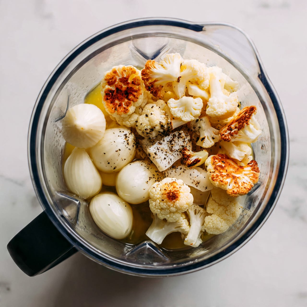 A bowl filled with thick, creamy pale orange soup, topped with small bright orange drizzles of sauce, thinly sliced green onions, finely chopped chives, and white shredded cheese scattered across the surface. A toasted slice of golden brown bread rests on the edge of the bowl. A silver spoon is partly submerged in the soup. The bowl is textured brown on the outside, placed on a white marbled surface with small green onion pieces around it. Nearby, there are small bowls with sliced green onions and cheese. photo taken with an iphone --ar 4:5 --v 7