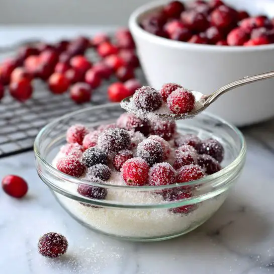 A clear glass bowl filled with frosted red cranberries piled high, each berry covered in a layer of white sugar crystals giving a textured look. A small green sprig of rosemary is placed on top of the cranberries, adding a fresh contrast. In the background, there are blurred white bowls filled with more cranberries and a light brown bowl containing coarse sugar. The setting is on a white marbled surface with a white cloth napkin that has gold patterns around the bowl. A fresh rosemary sprig lies near the base of the glass bowl photo taken with an iphone --ar 4:5 --v 7
