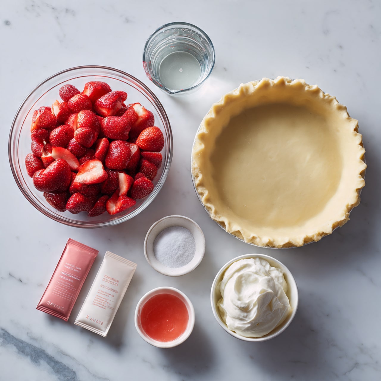 A single slice of strawberry pie is placed on a white, lace-patterned plate on a white marbled surface. The pie has three visible layers: a thin, light golden crust at the bottom, a thick layer of bright red strawberry filling with shiny chunks of strawberries in the middle, and a generous swirl of white whipped cream on top along one edge of the slice. The filling is glossy and textured with pieces of strawberries, while the whipped cream looks soft and smooth. Photo taken with an iphone --ar 4:5 --v 7