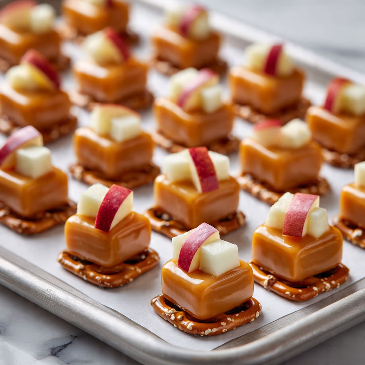 The image shows a tray with rows of small snacks made of three layers. The bottom layer is a square pretzel with a shiny, light brown color and a twisted shape. On top of the pretzel is a thick round layer of melted caramel, smooth and shiny with a rich caramel color. The last layer is a small piece of apple with red skin on part of it and white inside, sitting upright in the middle of the caramel. The snacks are arranged neatly on white parchment paper over a metal baking tray, and the background has a white marbled texture. Photo taken with an iphone --ar 4:5 --v 7