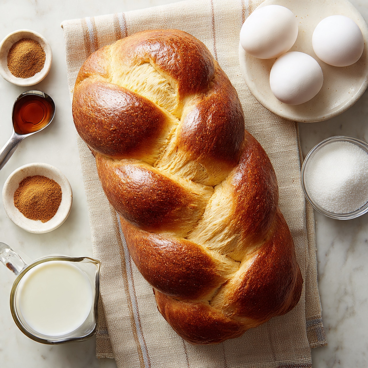 A top view image shows a bunch of baking ingredients arranged neatly on a white marbled surface. There are four white eggs positioned near the center top. A braided golden-brown bread loaf lies slightly right of center on a light cloth. Below the eggs to the left, a small white dish holds a mix of light and dark brown spice powders. A metal measuring spoon with a dark brown powder is placed next to the eggs on the left edge. At the bottom left, a clear glass measuring cup filled with white milk is visible, its smooth surface contrasting with the textured cloth under the bread. Near the top right, a white measuring cup filled with white granulated sugar completes the scene, highlighting the soft, natural lighting and gentle shadows. photo taken with an iphone --ar 4:5 --v 7