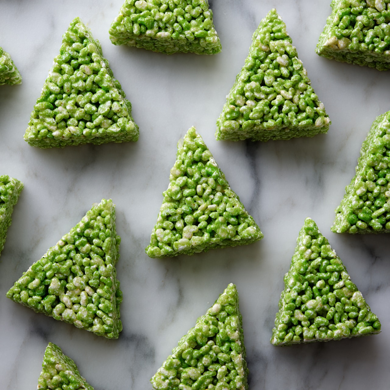 The image shows several green triangular treats arranged neatly on a white marbled surface. Each triangle has a textured base with a light green color, topped with thin white icing lines running horizontally across the surface. Small round decorations in red, blue, and silver are scattered evenly on top of the icing, adding a festive touch. The treats are placed in rows, creating a repeating pattern across the frame. photo taken with an iphone --ar 4:5 --v 7