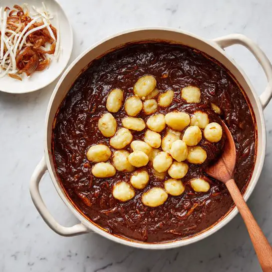 A white pot on a white marbled surface is filled with a thick dark red sauce mixed with soft cooked onions. On top, there are many small, pale yellow gnocchi pieces scattered evenly across the sauce. A wooden spoon is partly submerged in the sauce near the right side of the pot, stirring gently. To the left of the pot, there is a small white plate with brown cooked onions and white string placed neatly on it. Photo taken with an iphone --ar 4:5 --v 7