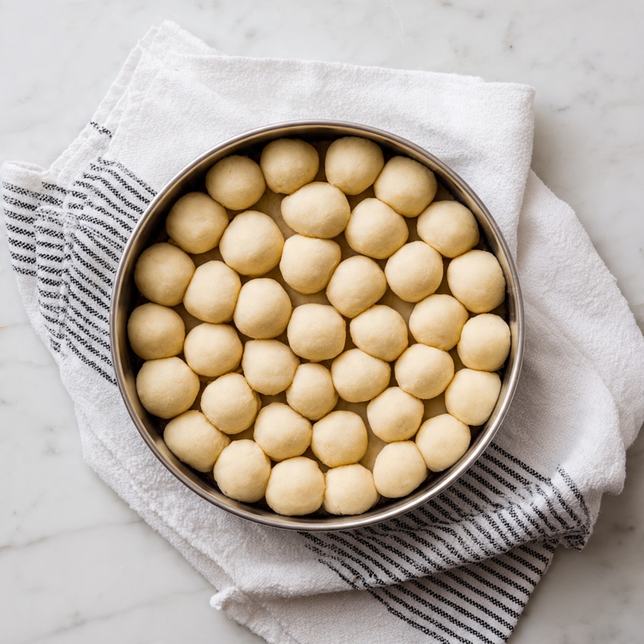 There is a round baking pan filled with rows of small, smooth, light beige dough balls arranged neatly in concentric circles. The dough balls are resting on a sheet of parchment paper inside the pan. The pan is set on a white marbled surface next to a white cloth with thin black stripes. The lighting is soft and bright, creating gentle shadows around the dough balls. photo taken with an iphone --ar 4:5 --v 7
