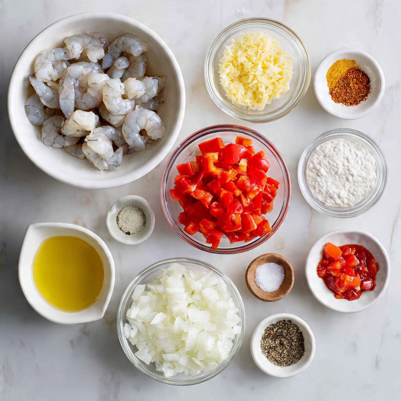The image shows seven bowls with different ingredients placed on a white marbled surface. There is a large white bowl at the top left filled with raw gray shrimp with tails on. To the right of it, a small clear bowl contains finely chopped light yellow garlic. Below that, a medium clear bowl holds bright red chopped bell peppers. Below the shrimp bowl, a medium clear bowl is filled with white, bubbly coconut milk. Next to that, a medium clear bowl contains finely chopped white onions. At the bottom left, a small clear measuring cup holds light golden oil. Next to it, a small white bowl has a mix of spices including black and white pepper, crushed red pepper, salt, and yellow curry powder. To the bottom right, a medium clear bowl contains red diced tomatoes in juice. photo taken with an iphone --ar 4:5 --v 7