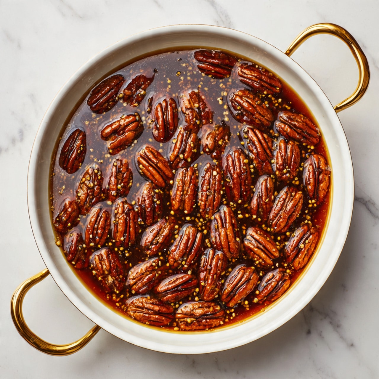 A white pan filled with a single layer of shiny, dark brown pecan halves soaked in a thick amber syrup, the glossy syrup evenly covering the pecans and pooling slightly around the edges. The pecans have a rich texture with visible ridges and a few small broken pieces. The pan handle is visible at the lower left, resting on a white marbled surface. photo taken with an iphone --ar 4:5 --v 7