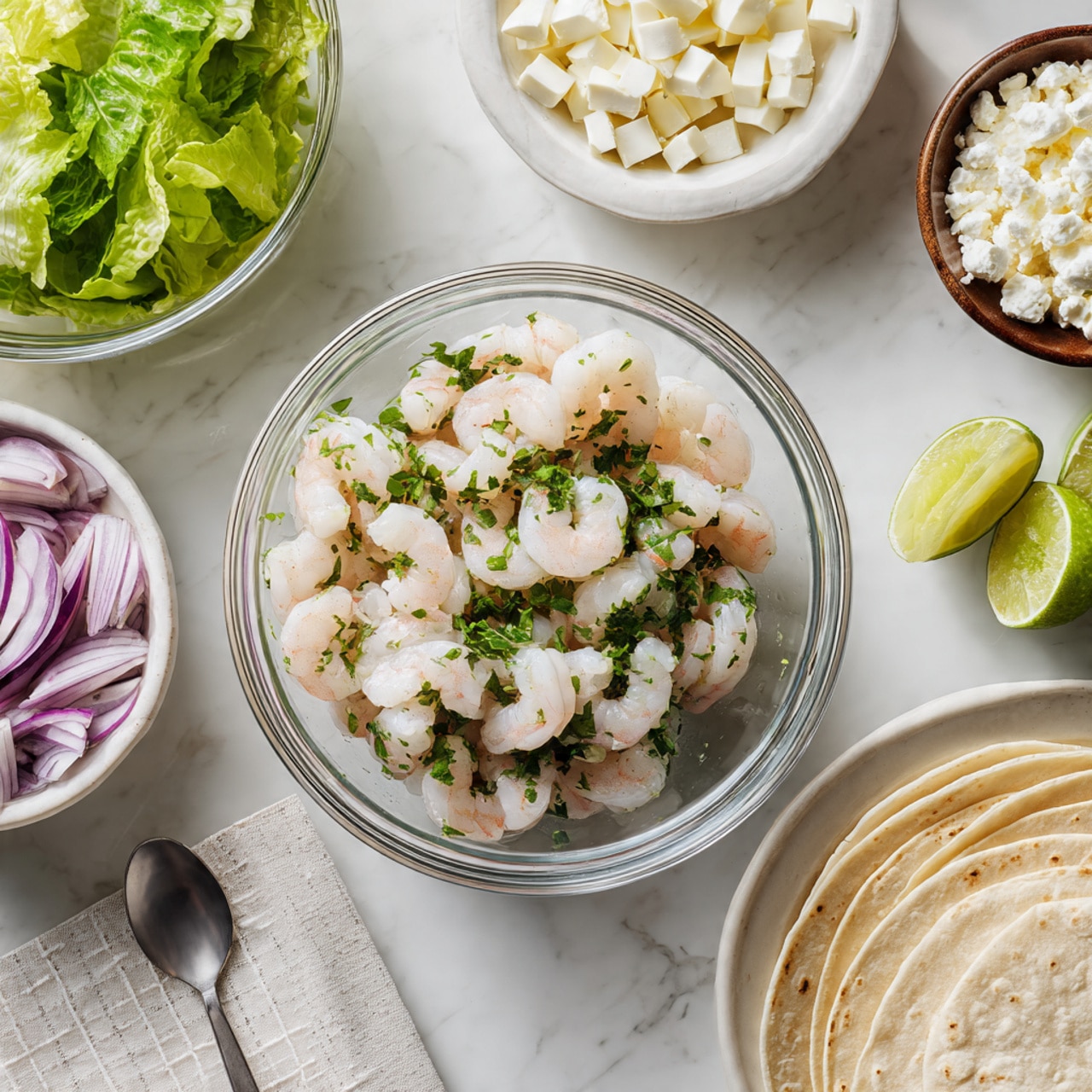A clear glass bowl in the center holds raw shrimp covered with chopped green herbs, placed on a white marbled surface. Around it, there are small white bowls filled with chopped white cheese, sliced purple onion, green lettuce, and cubed avocado. On the right, two empty lime halves are squeezed and resting next to the avocado. In the bottom right corner, a stack of soft tortillas sits on a white plate. A spoon and a white cloth with a subtle grid pattern are on the lower left side. The overall scene is bright and clean with fresh ingredients arranged neatly. photo taken with an iphone --ar 4:5 --v 7
