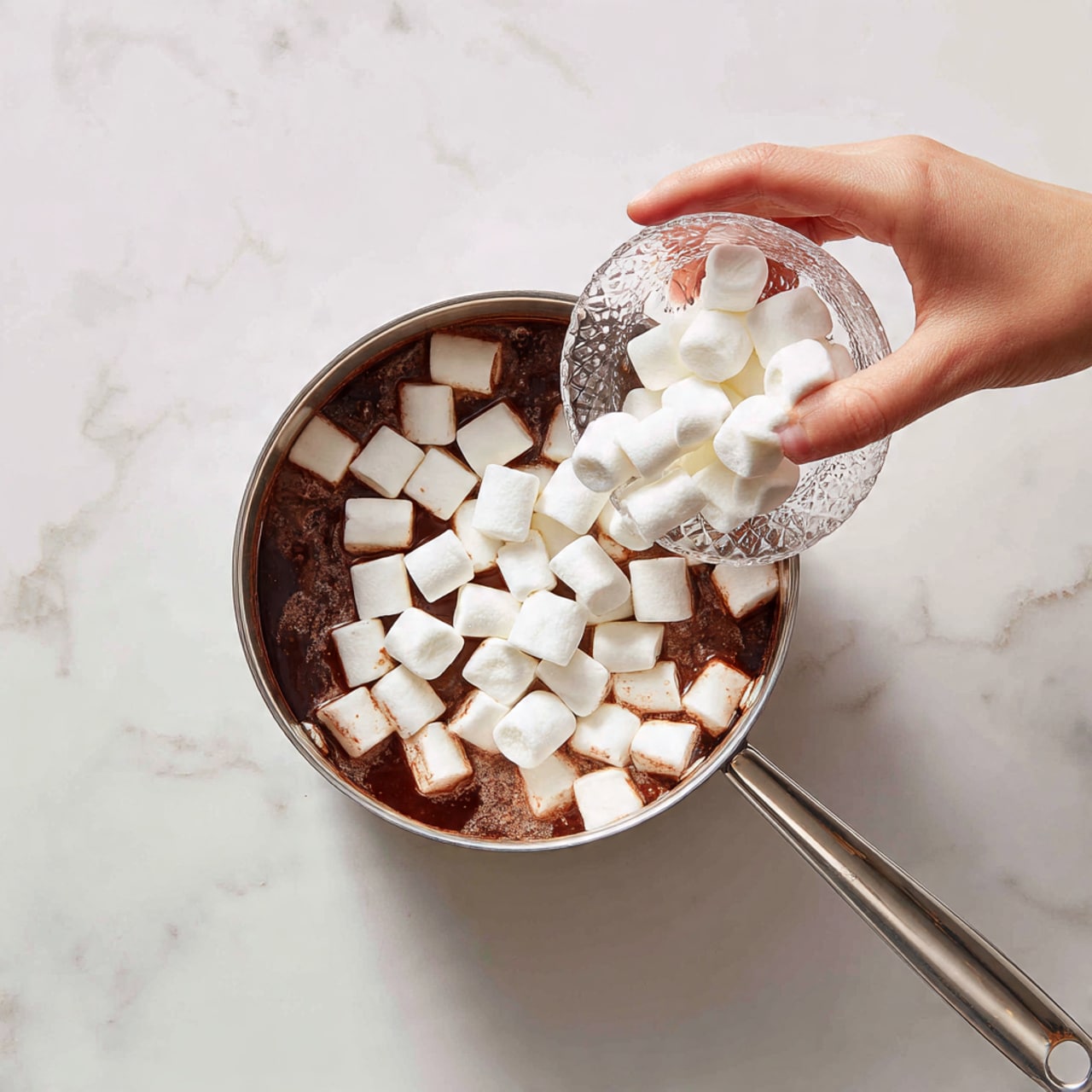 A top-down view of several clear glass bowls and a measuring cup on a white marbled surface hold ingredients for a recipe: the largest measuring cup is filled with white milk with bubbles on top, to its top left a small bottle of vanilla extract with a dark brown label sits next to a crystal bowl filled with cocoa powder, which has a silver spoon resting inside; below the cocoa powder, a glass bowl contains irregular pieces of dark chocolate, and to the right of that is a small glass bowl filled with white mini marshmallows; at the bottom left, another clear bowl holds white granulated sugar with a silver spoon on top, and to the right a similar bowl contains white powdered sugar with a silver spoon. photo taken with an iphone --ar 4:5 --v 7